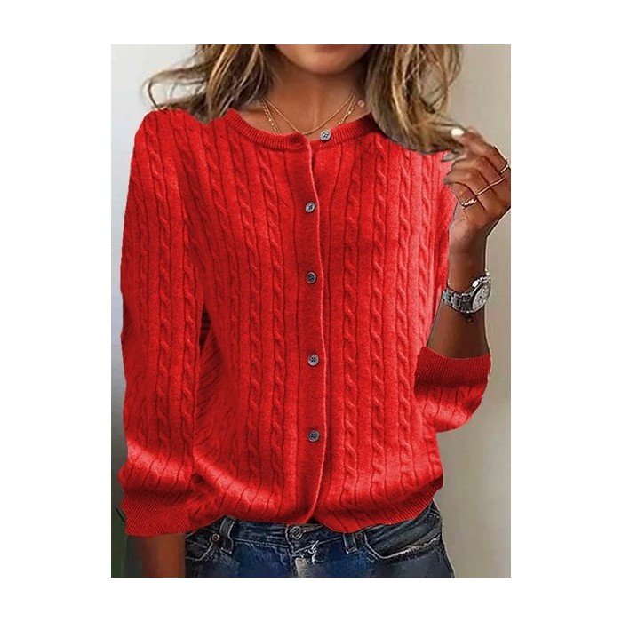 Women's Solid Plain Buttoned Spring/Fall Casual Long Sleeve Crew Neck Sweater
