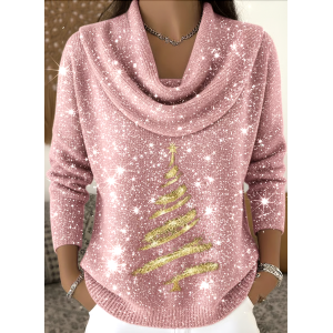 Women Christmas Printing Spring/Fall Casual Long Sleeve Cowl Neck Sweater