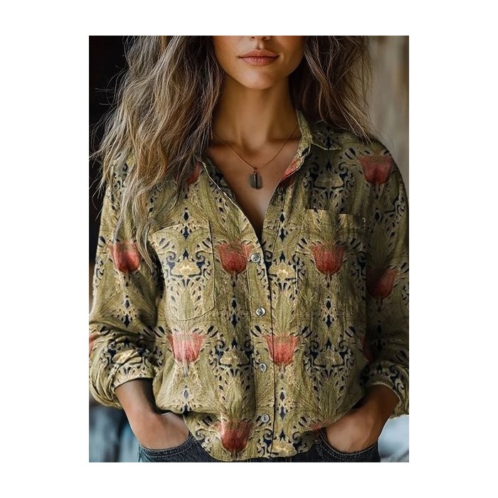 Women Floral Print Long Sleeve Shirt Spring/Fall Shawl Collar Casual Vintage Top