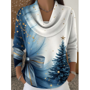 Women Christmas Printing Spring/Fall Casual Long Sleeve Cowl Neck Sweater