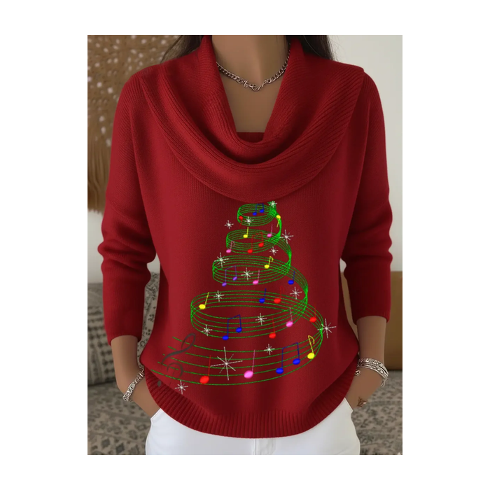 Women Christmas Printing Spring/Fall Casual Long Sleeve Cowl Neck Sweater
