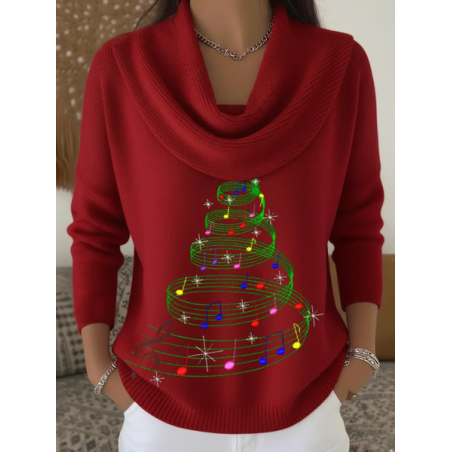 Women Christmas Printing Spring/Fall Casual Long Sleeve Cowl Neck Sweater