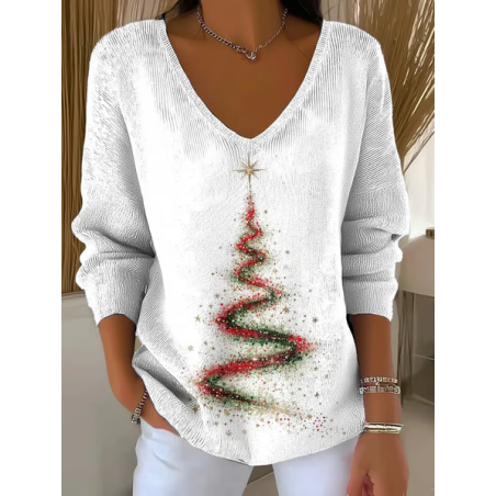 Women Christmas Long Sleeve Tee T-shirt V Neck Printing Casual Spring/Fall Top