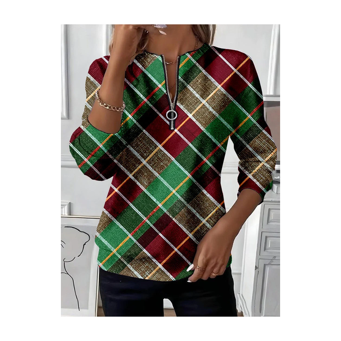 Women Plaid Crew Neck Printing Casual Spring/Fall Long Sleeve Sweatshirt