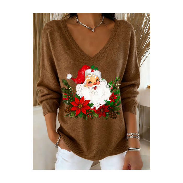 Women Santa Claus Long Sleeve Tee T-shirt V Neck Printing Casual Spring/Fall Top
