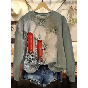 Women Christmas Crew Neck Printing Casual Spring/Fall Long Sleeve Sweatshirt