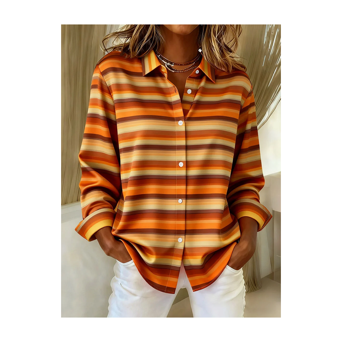 Women Striped Long Sleeve Shirt Spring/Fall Buckle Shirt Collar Regular Sleeve Daily Casual Top