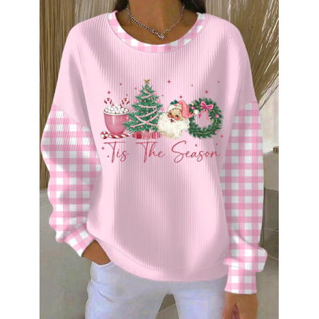 Women Plaid Crew Neck Printing Casual Spring/Fall Long Sleeve Sweatshirt