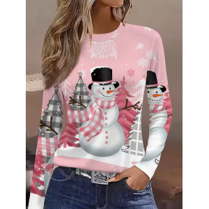 Women Christmas Snowman Long Sleeve Tee T-shirt Crew Neck Printing Casual Spring/Fall Graphic Tee Top