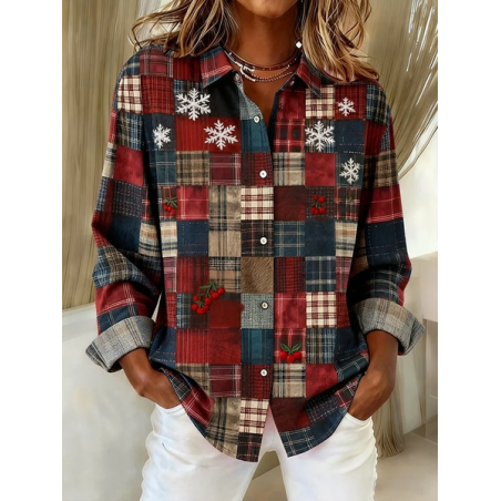 Women Christmas Long Sleeve Shirt Spring/Fall Buckle Shirt Collar Regular Sleeve Daily Casual Top
