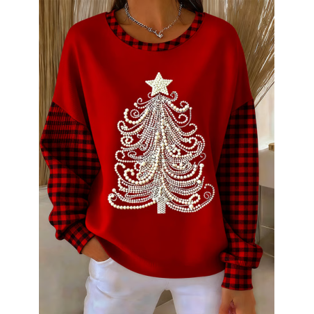 Women Plaid Crew Neck Printing Casual Spring/Fall Long Sleeve Sweatshirt