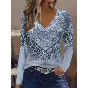Women Abstract Long Sleeve Tee T-shirt V Neck Printing Casual Spring/Fall Graphic Tee Top