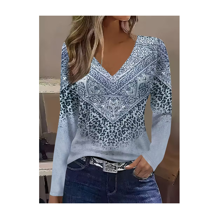 Women Abstract Long Sleeve Tee T-shirt V Neck Printing Casual Spring/Fall Graphic Tee Top