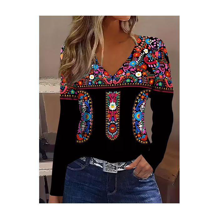 Women Floral Long Sleeve Tee T-shirt V Neck Printing Casual Spring/Fall Graphic Tee Top