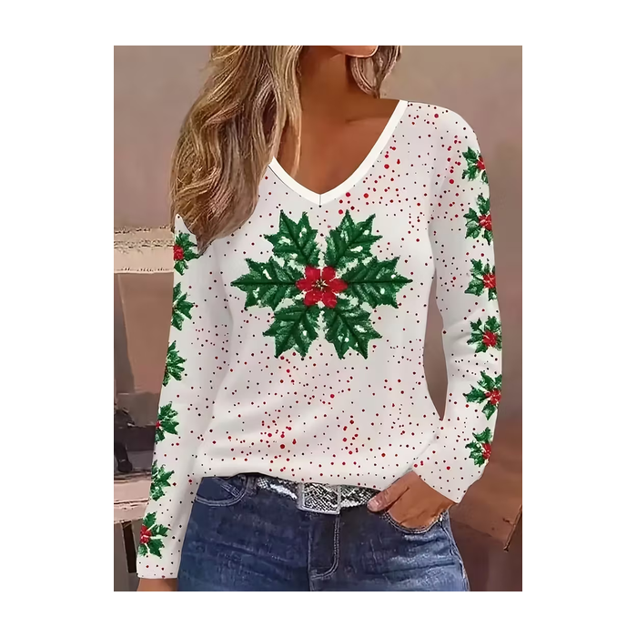 Women Christmas Long Sleeve Tee T-shirt V Neck Printing Casual Spring/Fall Graphic Tee Top