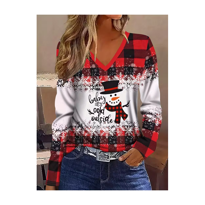 Women Christmas Snowman Long Sleeve Tee T-shirt V Neck Printing Casual Spring/Fall Graphic Tee Top