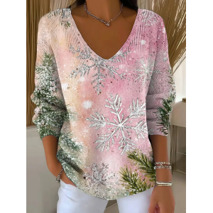 Women Christmas Long Sleeve Tee T-shirt V Neck Printing Casual Spring/Fall Top