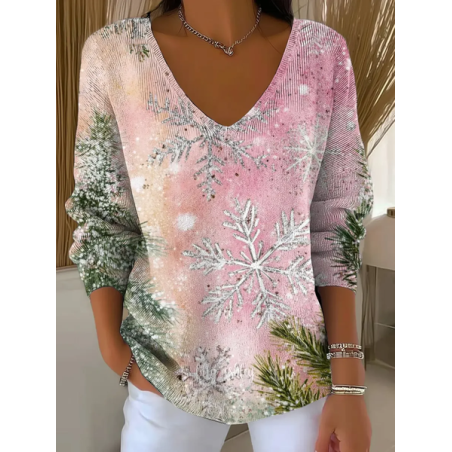 Women Christmas Long Sleeve Tee T-shirt V Neck Printing Casual Spring/Fall Top