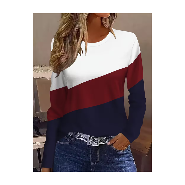 Women Multicolor Block Long Sleeve Tee T-shirt Crew Neck Printing Casual Spring/Fall Graphic Tee Top