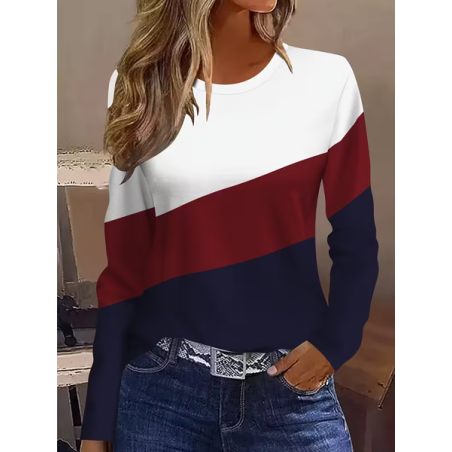 Women Multicolor Block Long Sleeve Tee T-shirt Crew Neck Printing Casual Spring/Fall Graphic Tee Top