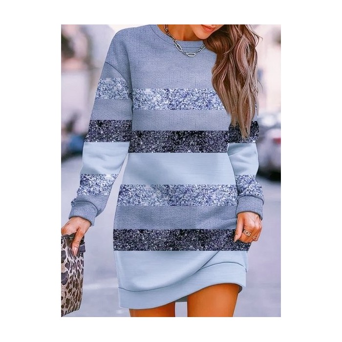 Women Striped Long Sleeve Spring/Fall Printing Dress Crew Neck Daily Vintage Mini Hip Skirt A-Line Dress