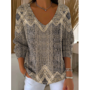 Women Abstract Long Sleeve Tee T-shirt V Neck Printing Casual Spring/Fall Top