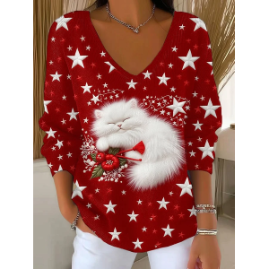 Women Star Long Sleeve Tee T-shirt V Neck Printing Casual Spring/Fall Top