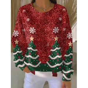 Women Christmas Crew Neck Printing Casual Spring/Fall Long Sleeve Sweatshirt