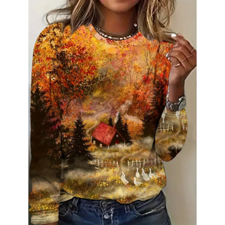 Women Maple Leaf Long Sleeve Tee T-shirt Crew Neck Printing Casual Spring/Fall Graphic Tee Top