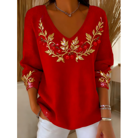 Women Christmas Long Sleeve Tee T-shirt V Neck Printing Casual Spring/Fall Top