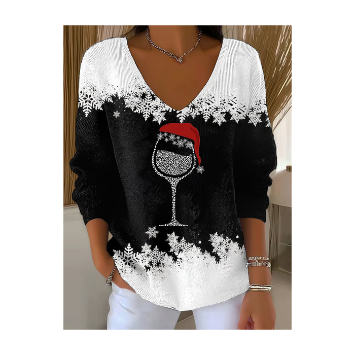 Women Christmas Long Sleeve Tee T-shirt V Neck Printing Casual Spring/Fall Top