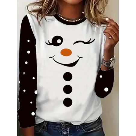 Women Christmas Snowman Long Sleeve Tee T-shirt Crew Neck Printing Casual Spring/Fall Graphic Tee Top