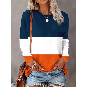 Women Multicolor Block Long Sleeve Tee T-shirt Crew Neck Printing Casual Spring/Fall Graphic Tee Top