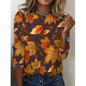 Women Maple Leaf Long Sleeve Tee T-shirt Crew Neck Printing Casual Spring/Fall Graphic Tee Top