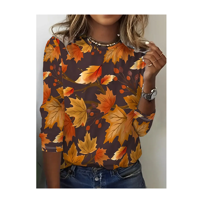 Women Maple Leaf Long Sleeve Tee T-shirt Crew Neck Printing Casual Spring/Fall Graphic Tee Top