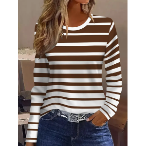 Women Striped Long Sleeve Tee T-shirt Crew Neck Printing Casual Spring/Fall Graphic Tee Top