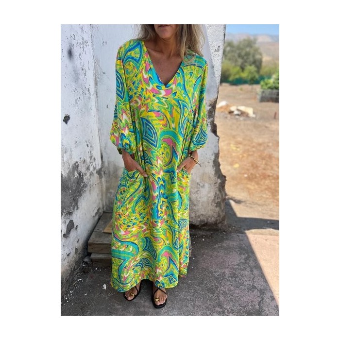 Women Floral Long Sleeve Spring/Fall Printing Dress V Neck Balloon Sleeve Daily Vintage Maxi T-Shirt Dress A-Line Dress