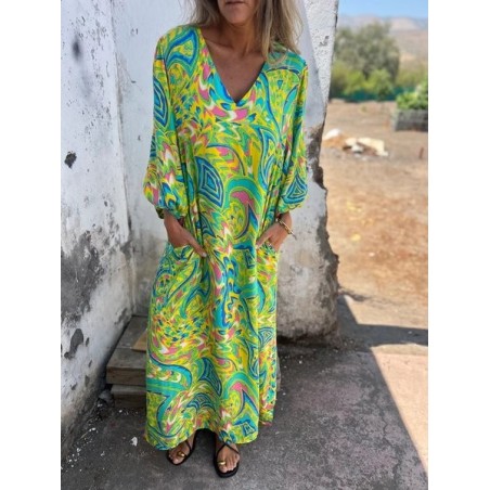 Women Floral Long Sleeve Spring/Fall Printing Dress V Neck Balloon Sleeve Daily Vintage Maxi T-Shirt Dress A-Line Dress