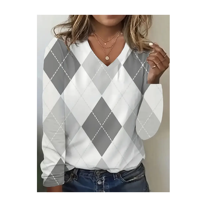 Women Plaid Long Sleeve Tee T-shirt V Neck Printing Casual Spring/Fall Graphic Tee Top