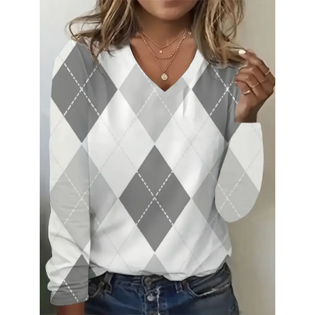Women Plaid Long Sleeve Tee T-shirt V Neck Printing Casual Spring/Fall Graphic Tee Top
