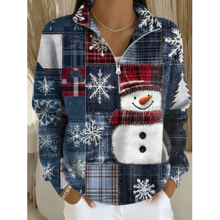 Women Christmas Snowman Shawl Collar Printing Casual Spring/Fall Long Sleeve Sweatshirt