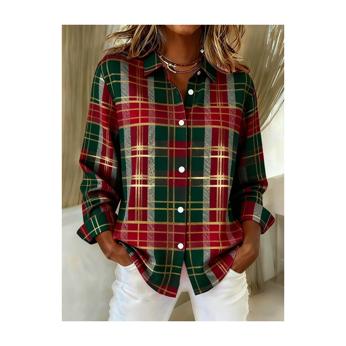 Women Plaid Long Sleeve Shirt Spring/Fall Buckle Shirt Collar Regular Sleeve Daily Casual Top