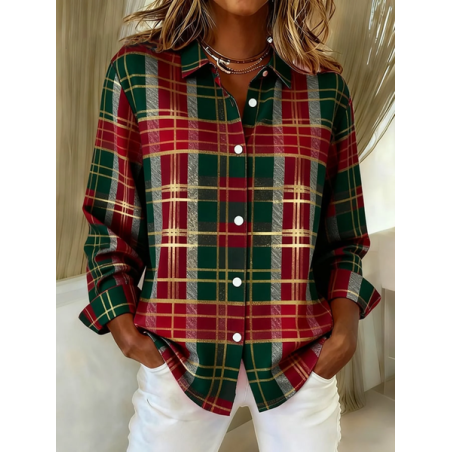 Women Plaid Long Sleeve Shirt Spring/Fall Buckle Shirt Collar Regular Sleeve Daily Casual Top