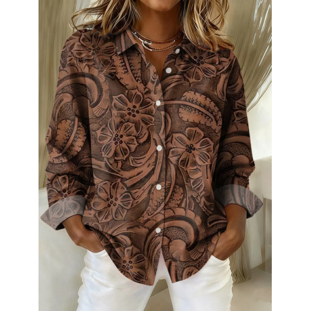Women Floral Long Sleeve Shirt Spring/Fall Buckle Shirt Collar Regular Sleeve Daily Casual Top