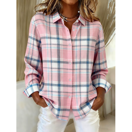 Women Plaid Long Sleeve Shirt Spring/Fall Buckle Shirt Collar Regular Sleeve Daily Casual Top