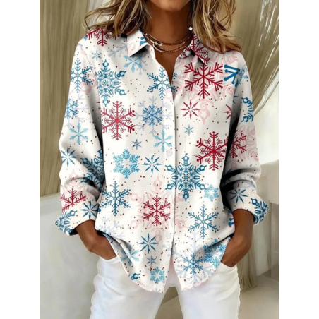 Women Christmas Long Sleeve Shirt Spring/Fall Buckle Shirt Collar Regular Sleeve Daily Casual Top