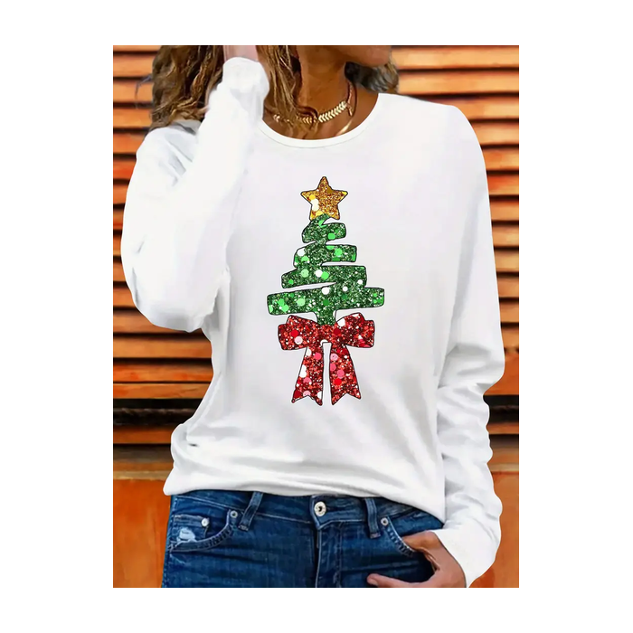 Women Christmas Long Sleeve Tee T-shirt Crew Neck Printing Casual Spring/Fall Graphic Tee Top