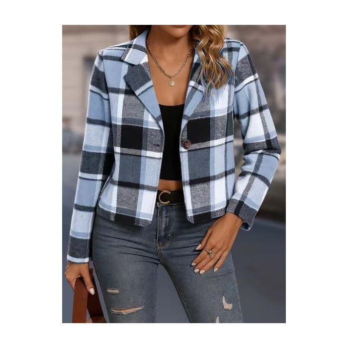 Women Spring/Fall Outerwear Vintage Printing Plaid Long Sleeve Lapel Collar Jacket