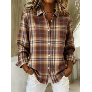 Women Plaid Long Sleeve Shirt Spring/Fall Buckle Shirt Collar Regular Sleeve Daily Casual Top
