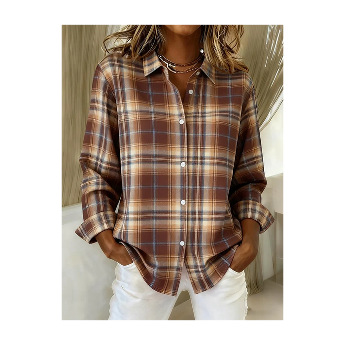 Women Plaid Long Sleeve Shirt Spring/Fall Buckle Shirt Collar Regular Sleeve Daily Casual Top